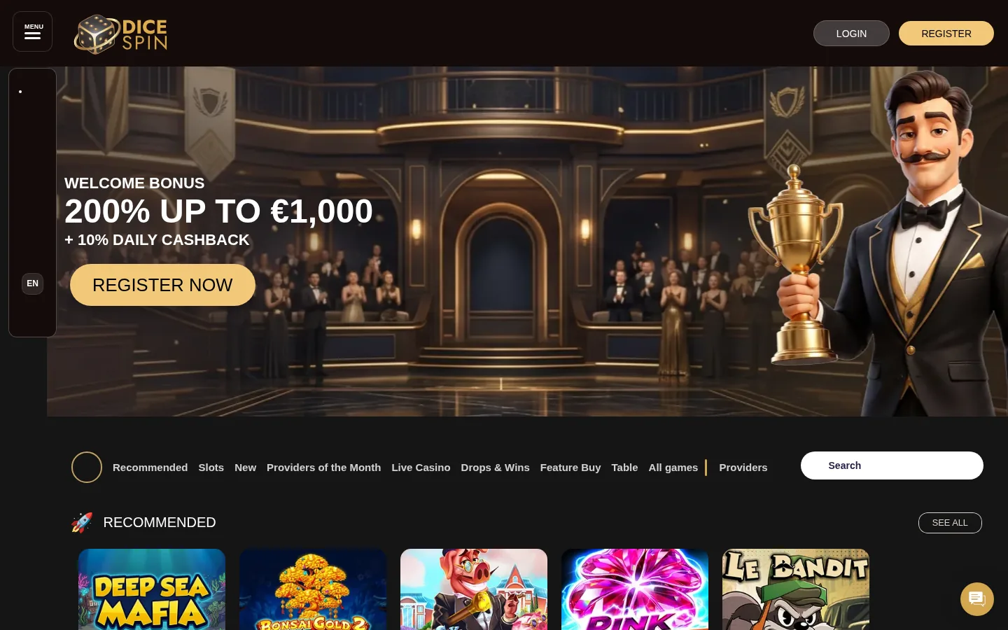 Screenshot van de homepage van DiceSpin