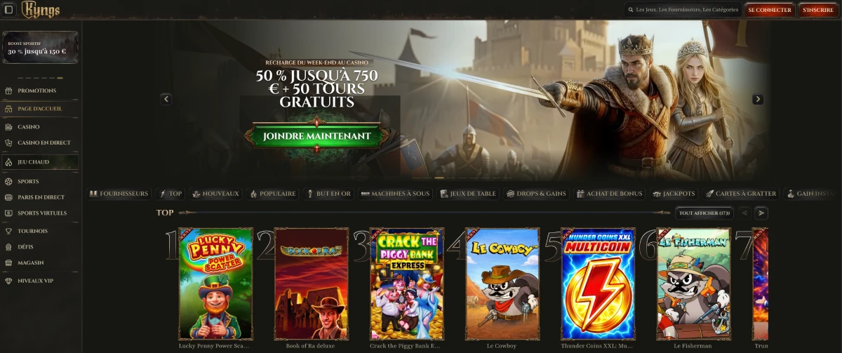 Aperçu de la page d'accueil de Kyngs Casino