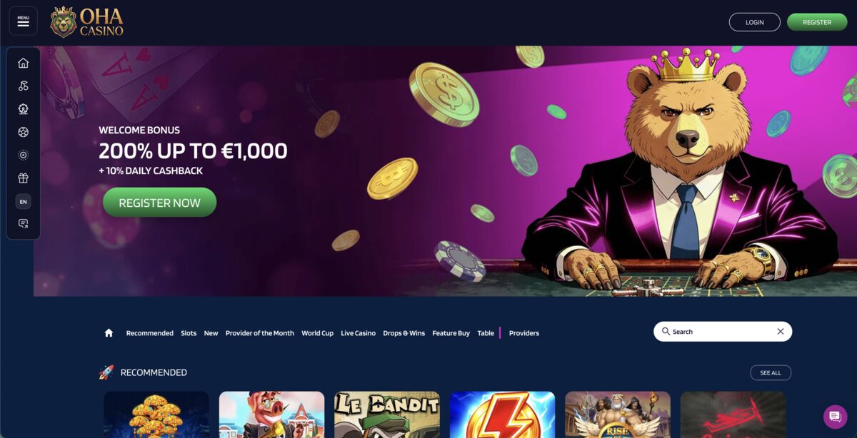 Screenshot van de homepage van Oha Casino