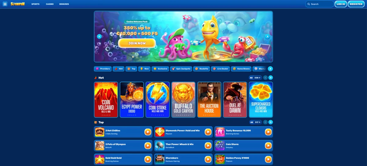 Aperçu de la page d'accueil de Spinfin Casino